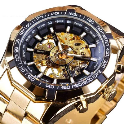 Winner Luxury Hollow Engraving Black Gold Case Leather Automatic Skeleton Mechanical Watches Men Luxury Brand Montre Homme Clock - Цвет: GoldBlackBlack