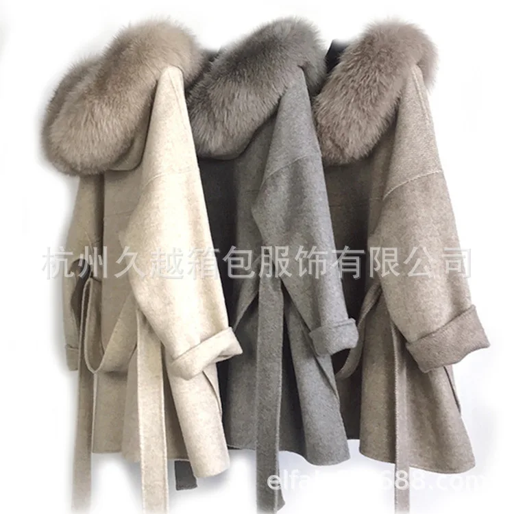 Популярное двухстороннее шерстяное пальто из альпаки, Женское пальто с большим меховым воротником, свободная шерстяная зимняя куртка