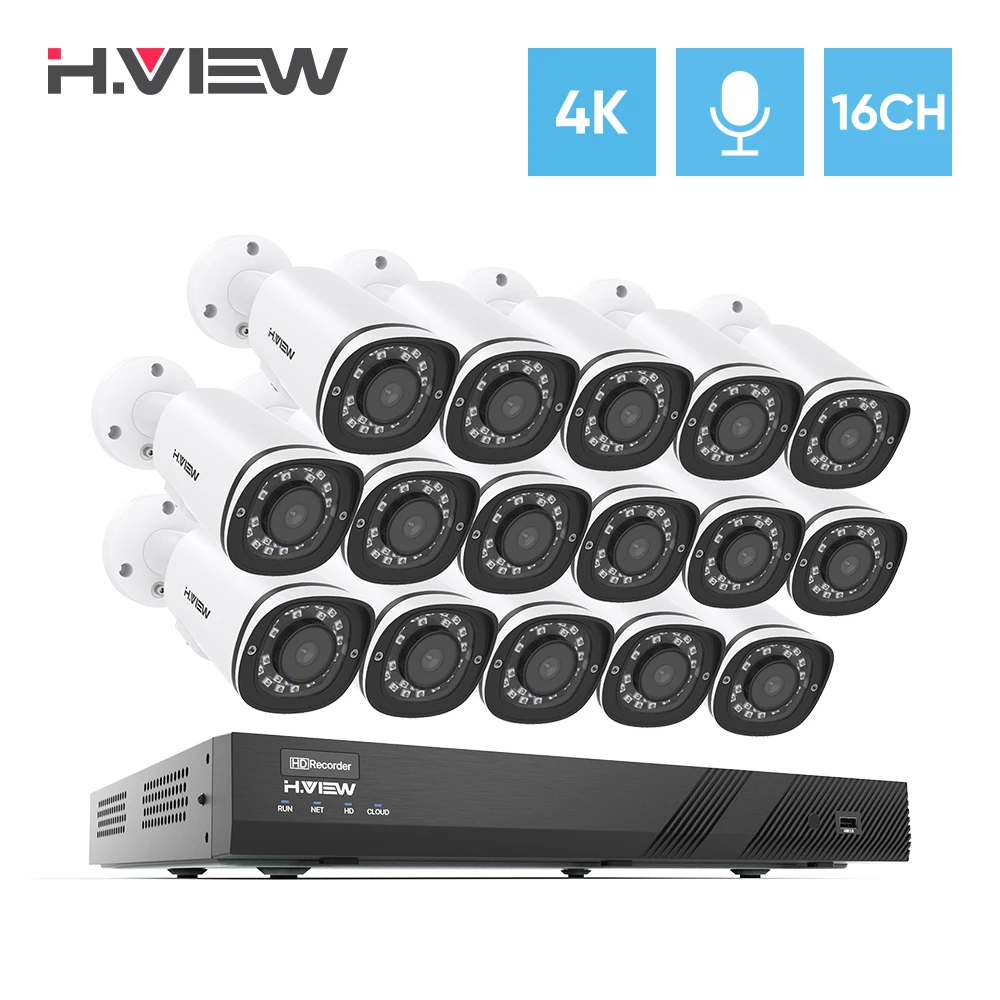 H.View 16Ch 4K Ultra Hd Cctv Camera Security System 8Mp Video Surveillance Kit H.265 Outdoor Audio Record Poe Ip Nvr Set | Безопасность