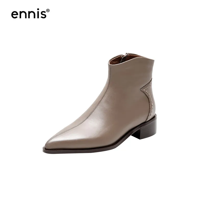 Gray Plush Inside ENNIS/Новые Черные ботильоны с острым носком женские ботинки на квадратном каблуке ботинки из натуральной кожи женская обувь на молнии осенний дизайн A9319 - Цвет: Gray Plush Inside