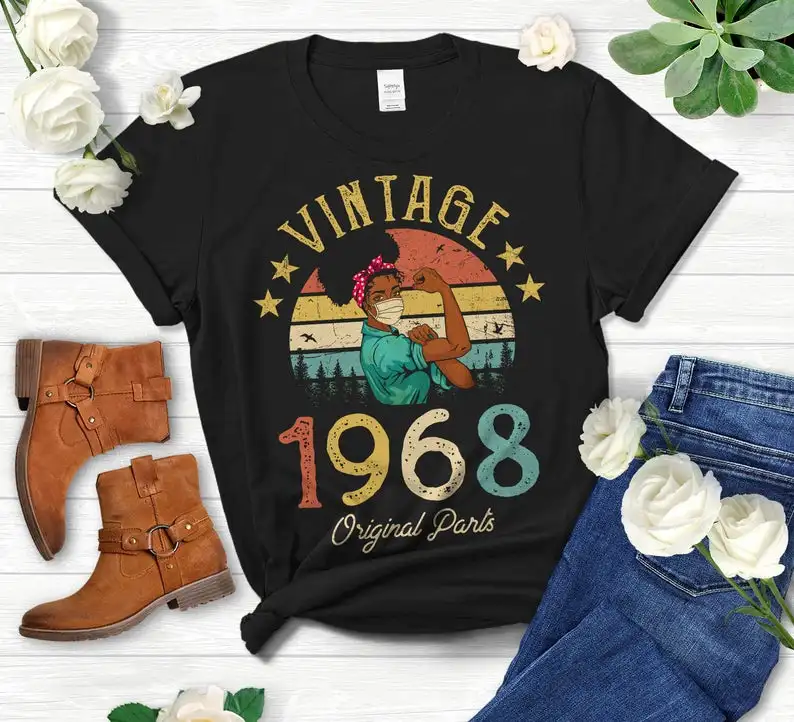 

Vintage 1968 Original Parts T-Shirt African American Women with Mask years old 54nd Birthday Gift Idea Girls 100% cotton Unisex