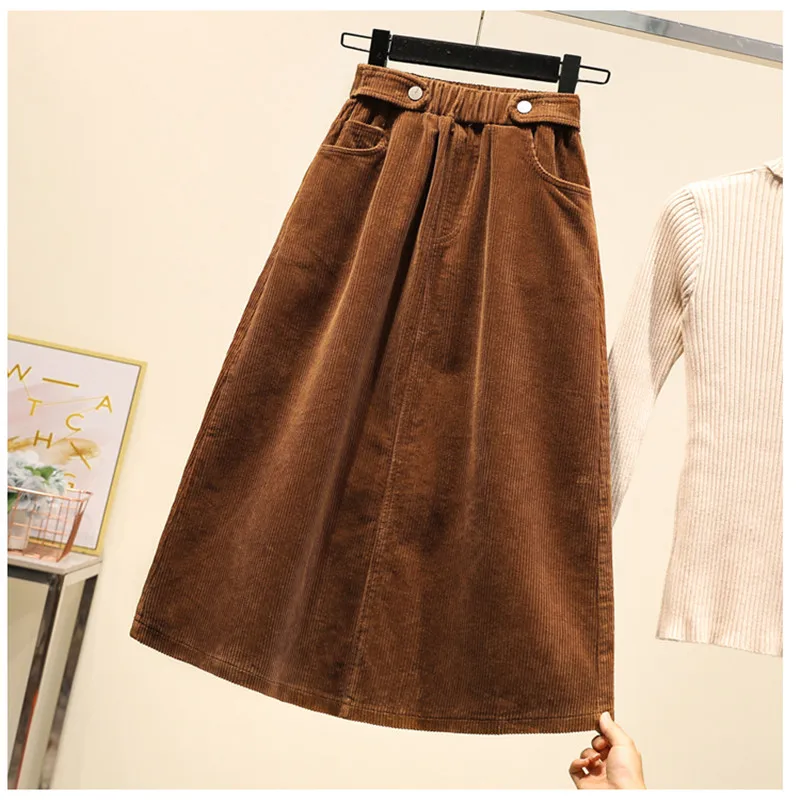 JUJULAND woman autumn Corduroy high waists A-line mid-calf skirt Elegant thick Plue size loose style solid skirts 9299 - Цвет: brown