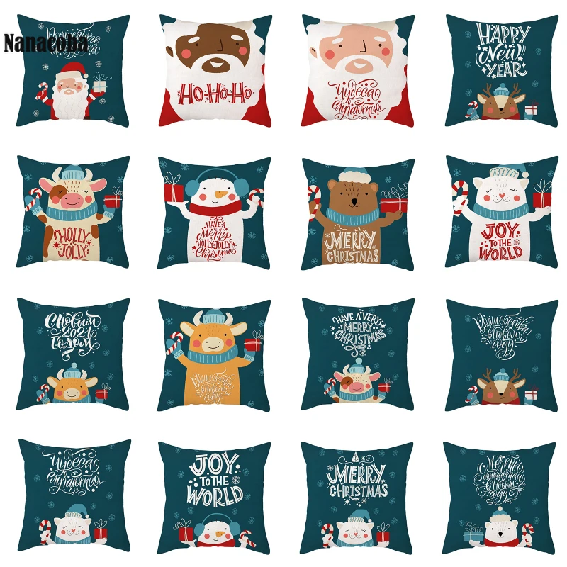 

Merry Christmas Cushion Cover Green Cartoon Santa Claus Pipe Greeting Text Pillow Cover 45*45cm