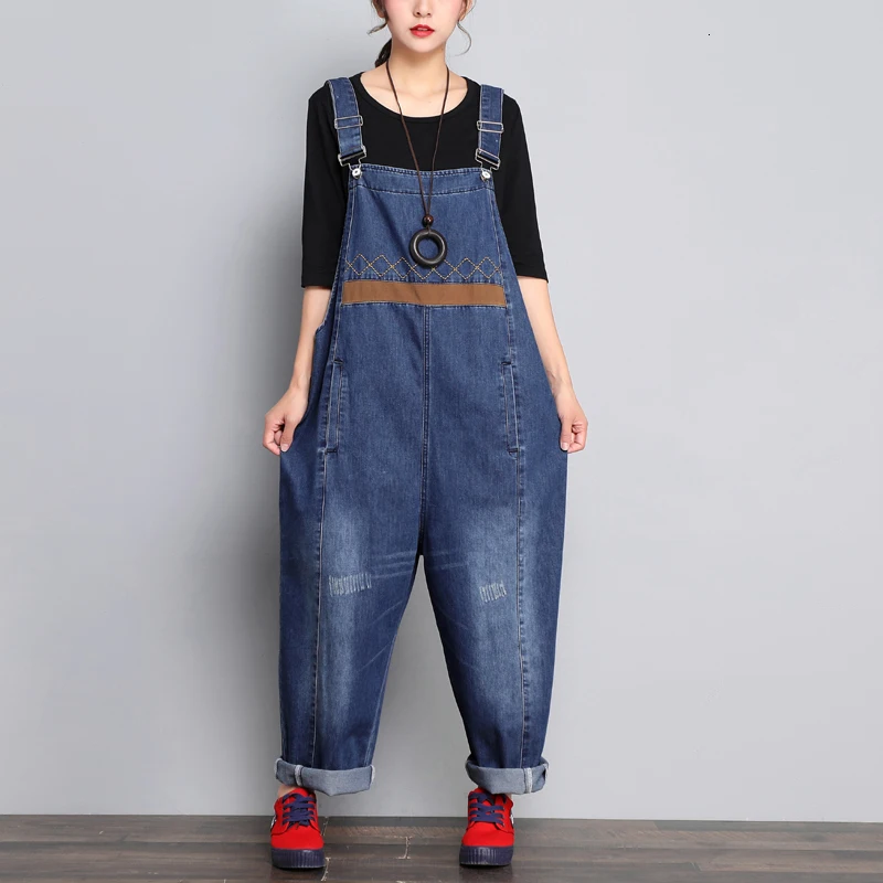 

Women Loose Jean Jumpsuits Wide Leg Bib Overalls Streetwear Drop Crotch Denim Rompers baggy Cowboy pants Playsuit With Pocket