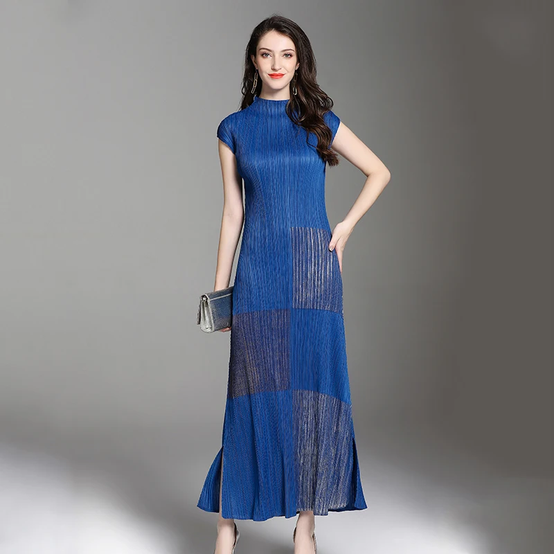 New Summer Gold-stamped Pleated Women's Dresses Miyake Sleeveless Turtleneck Wrinkled Long Dresses Plus Size Dress