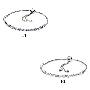 

925 Sterling Silver Blue Clear Crystal Sparkle Sliding Chain Bracelet Original Pan Bangles Bead Charm Jewelry Holiday Gifts