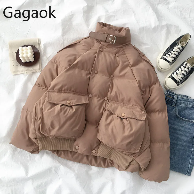 Gagaok для женщин модные теплые парки Новинка зимы сплошной стенд полный двубортный
