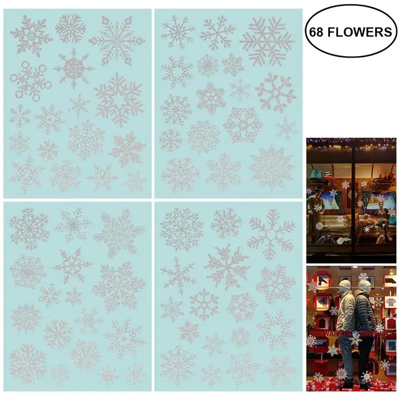 NICEXMAS 4 Sheets 68 Pcs Christmas Snowflakes Decoration Removable PVC Wall Window Door Mural Decal Sticker for Retail | Дом и сад