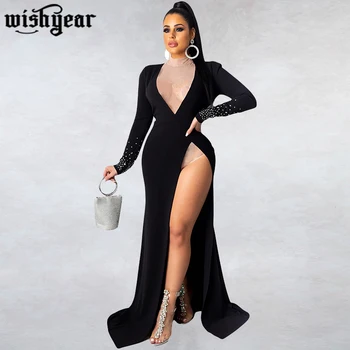 

Wishyear 2020 Hot Drilling Long Sleeve High Slit Open Fork Empire Floor-length Sexy Evening Party Dresses Deep V Neck Maix Dress