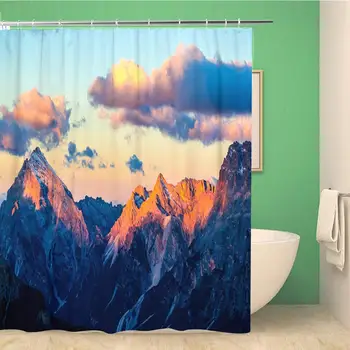 

Bathroom Shower Curtain Green Sky Mountain Peaks Sunset Landscape Beautiful Beauty Cloud Waterproof Bath Curtain Set with Hooks
