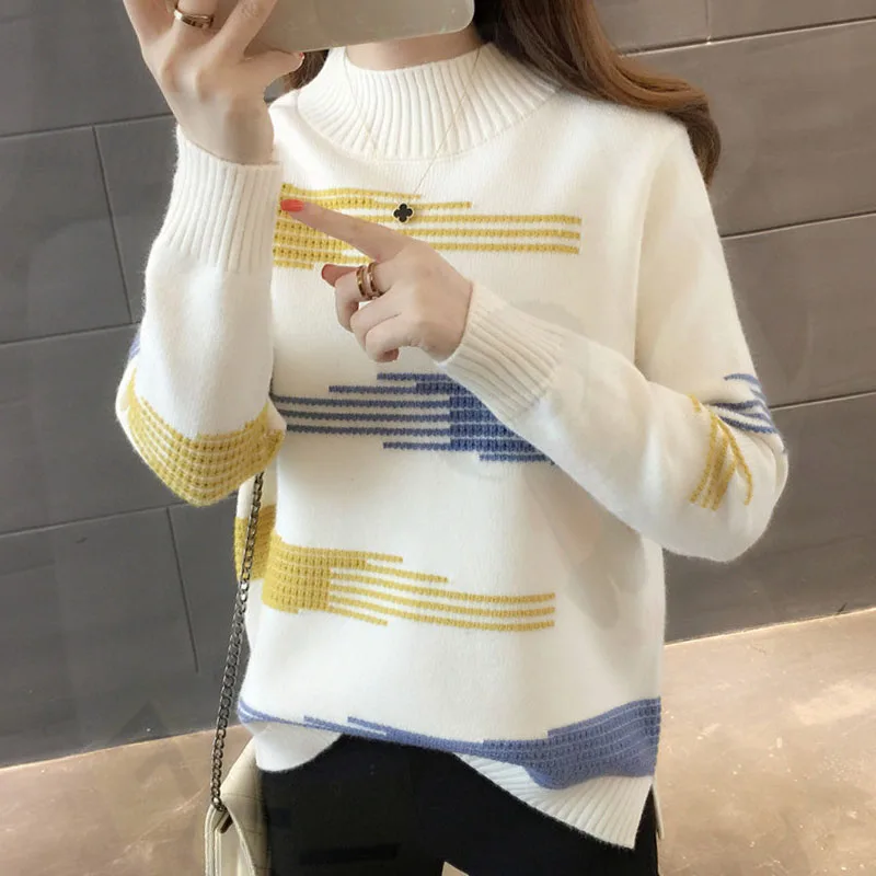 Women sweaters and pullovers 2019 Casual Turtleneck ladies solid Striped korean sweater knit sweater women white sweater 0407
