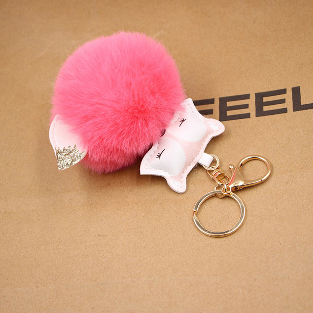 Ball Keychain Charm Key Ring Cute Leather Fox Keyring Plush Fluffy Pompom Faux Rabbit Fur Ball Bag Car Key Charms Accessory