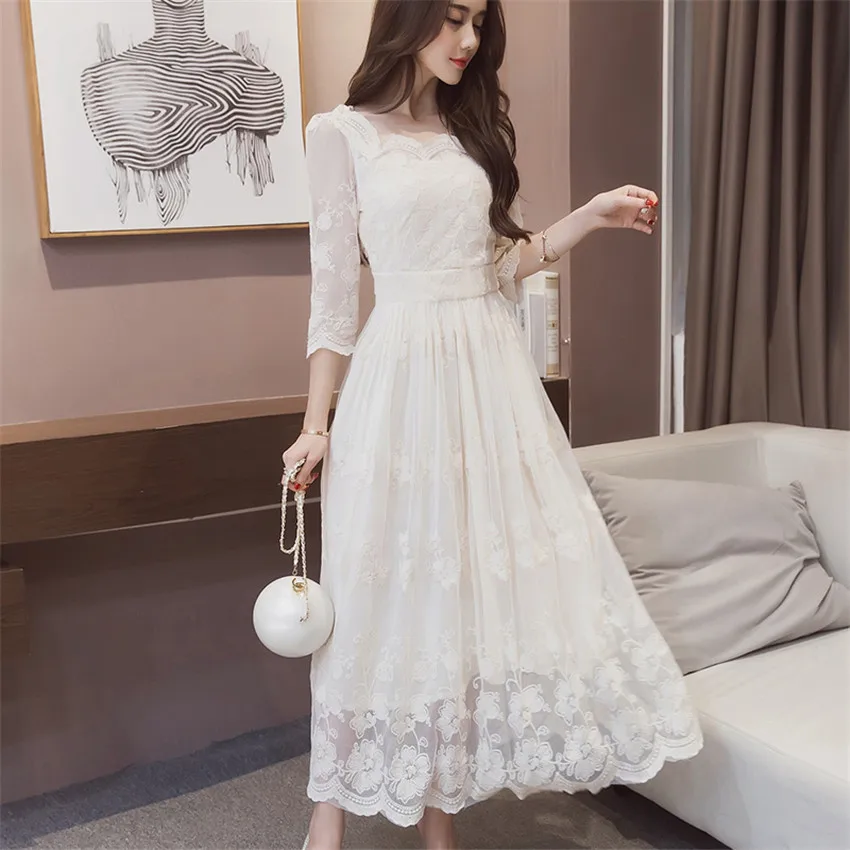Летнее платье женское белое кружевное платье большого размера S-2XL платье с высокой талией Элегантные женские длинные вечерние платья Vestidos платье WZ917