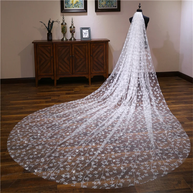 

Beauty-Emily Luxury Wedding Veils For Brides White Sequins Crystal Big Bridal Veils Wedding Accessories High-end