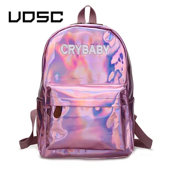 

UOSC Hologram Laser Backpack Women Hip-hop Style Embroidery Letters Bag Crybaby Soft PU Leather Backpack School Bags For Girls