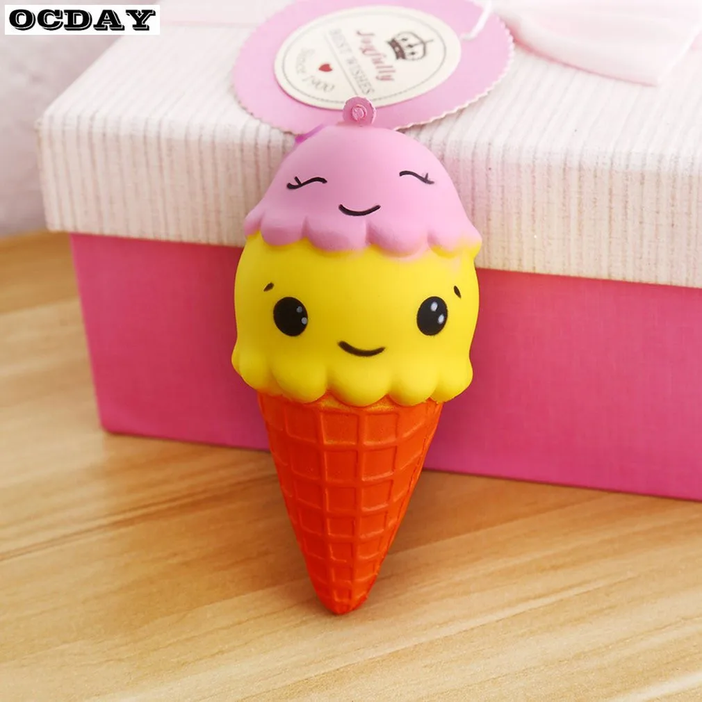 OCDAY Squishy Double Smiley Face Ice Cream Shape Slow Rising Toy Soft PU Office Anti-Stress Reliever Toys for Baby Children