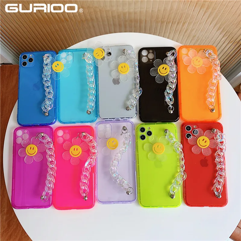 Stand With Wrist Band TPU Sunflower Phone Case For iPhone 11 Pro Max X XR XS SE 2020 7 8 Plus INS Transparent Silicone Cover | Мобильные