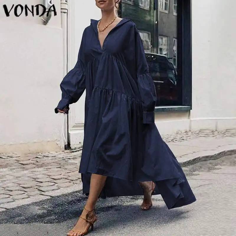 Осеннее платье, женский сарафан размера плюс VONDA, винтажное асимметричное длинное платье макси с рукавом-фонариком, повседневное свободное платье
