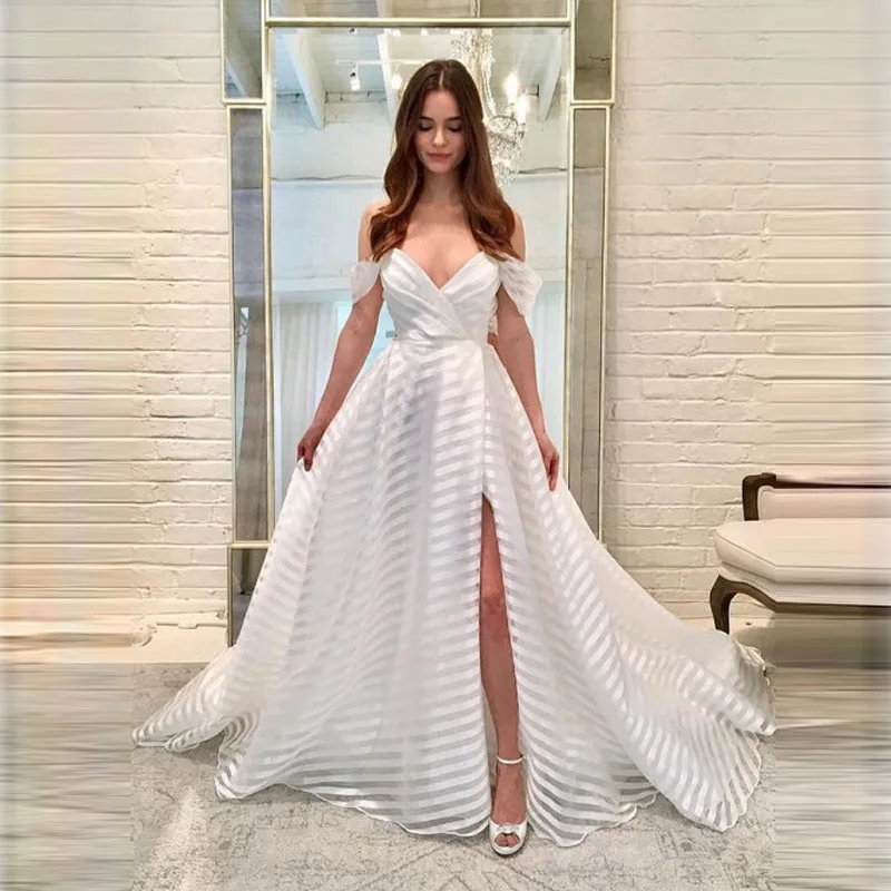 Линия с открытыми плечами белые длинные платья для выпускного вечера сексуальная сторона Сплит Простой Формальное вечернее платье - Цвет: Белый