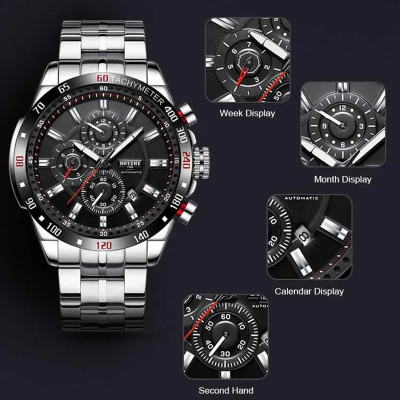 BOYZHE Men Sport Watch Automatic Mechanical Wrist Watch Week Month Calendar Display Luminous Hands Waterproof Watches for Men mechanical watch