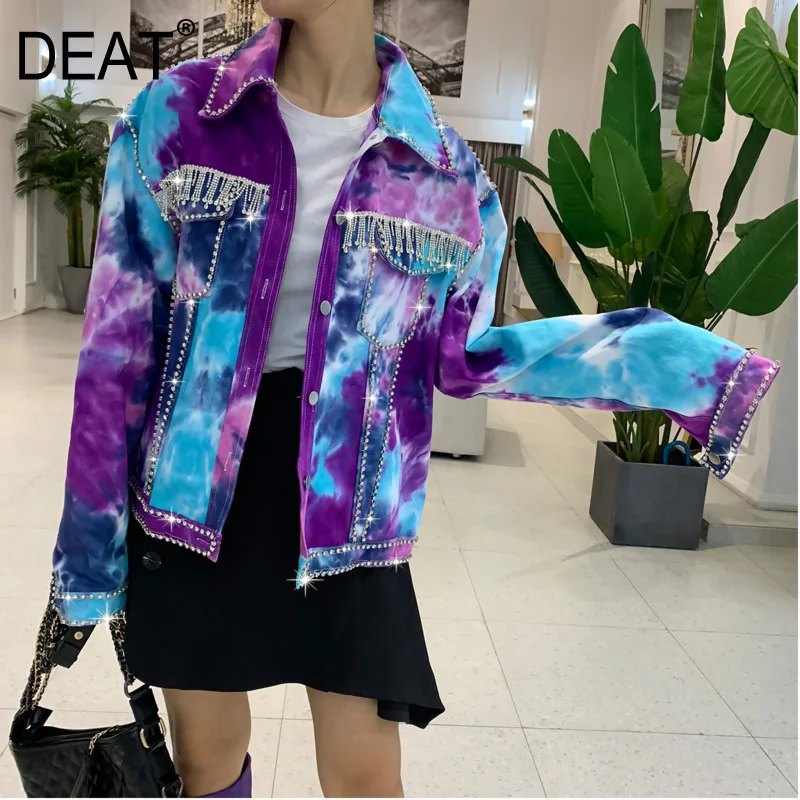 

[DEAT] 2019 New Autumn Winter Lapel Long Sleeve Gradient Personality Rhinestone Tassel Jacket Women Coat Fashion Tide 13D627