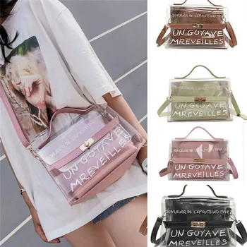

Women PVC Transparent Handbag See-through Beach Bag Clear Jelly Purse Clutch Tote PU Leather Letter Print Handbag Messenger Bag