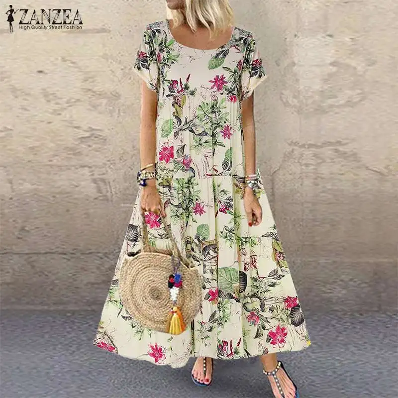 

2019 Summer O Neck Short Sleeve Cotton Linen Dress Women Vintage Floral Printed Long Sundress Ladies Bohemian Party Vestido Robe