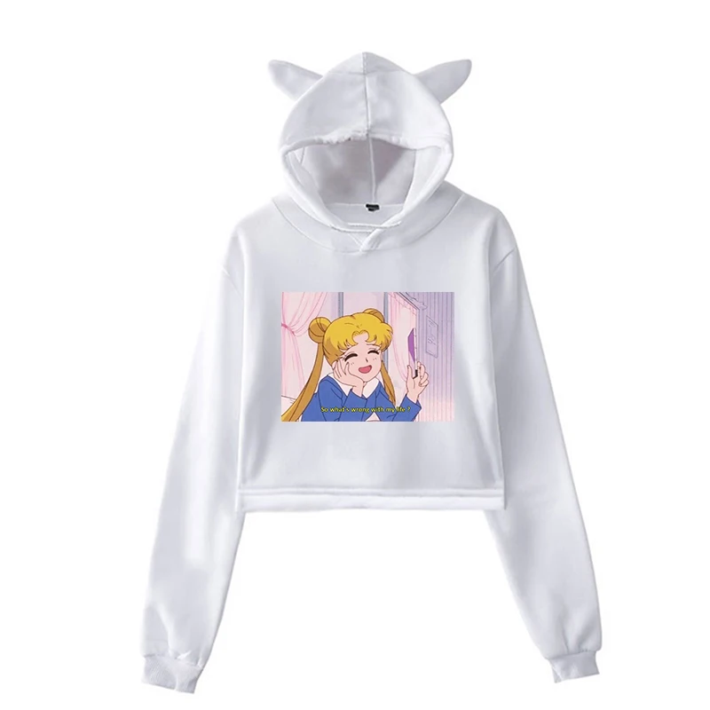 Сейлор Мун с эстетическим принтом для женщин Harajuku Короткие толстовки осень Kawaii уличная Толстовка для девочек модный пуловер с капюшоном