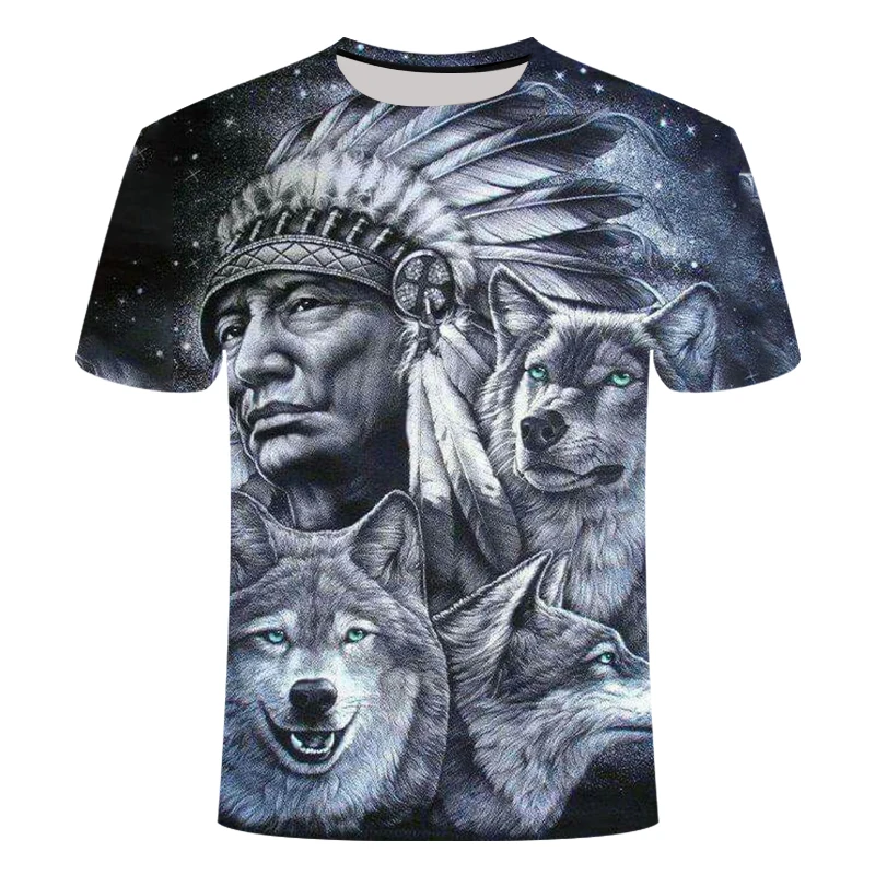 

3d Indians Wolf Print Fashion Brand T Shirts O Neck Short Sleeves Cotton Wolf Men T-shirt Casual Man Tees Mens Tops