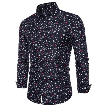 

2019 Men's Long-sleeved Shirt with Digital Five-pointed Star Printong Black White Blue Colors Long-sleeved Shirt Hawaiian Shirt
