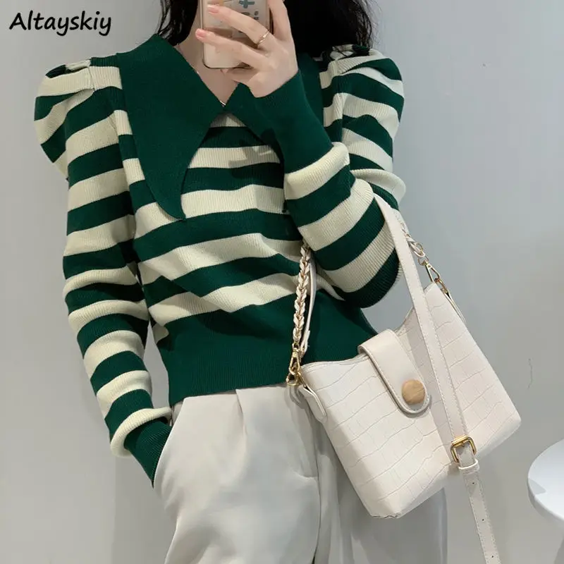 

Pullover Women Striped Peter Pan Collar Leisure Skinny All-match Tender Korean Style Knitwear College Female Cozy Crop Sweater