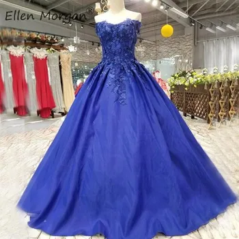

African Royal Blue Prom Dresses Long For Arabic Muslim 3D Flowers Satin Off Shoulder Lace up Quinceanera Pageant Ball Gowns 2019
