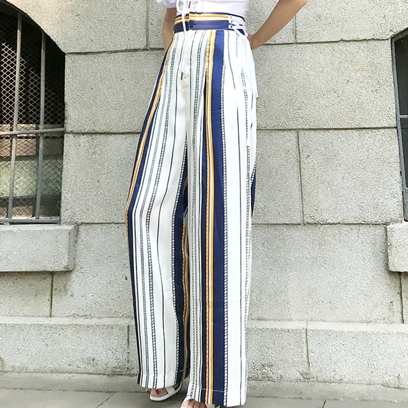 fashion Autumn Chiffon pants women high waist pants stripe wide-leg pants Women stripe straight pants women high waist trousers