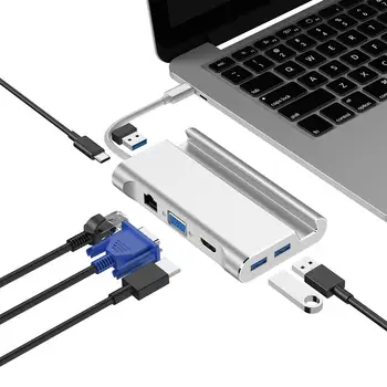 

Vmade USB HUB 7 in 1 Thunderbolt 3 Type C Adapter Dock 3 USB 3.0 Port+4K HDMIF+RJ45+VGA+PD For Macbook Pro PC