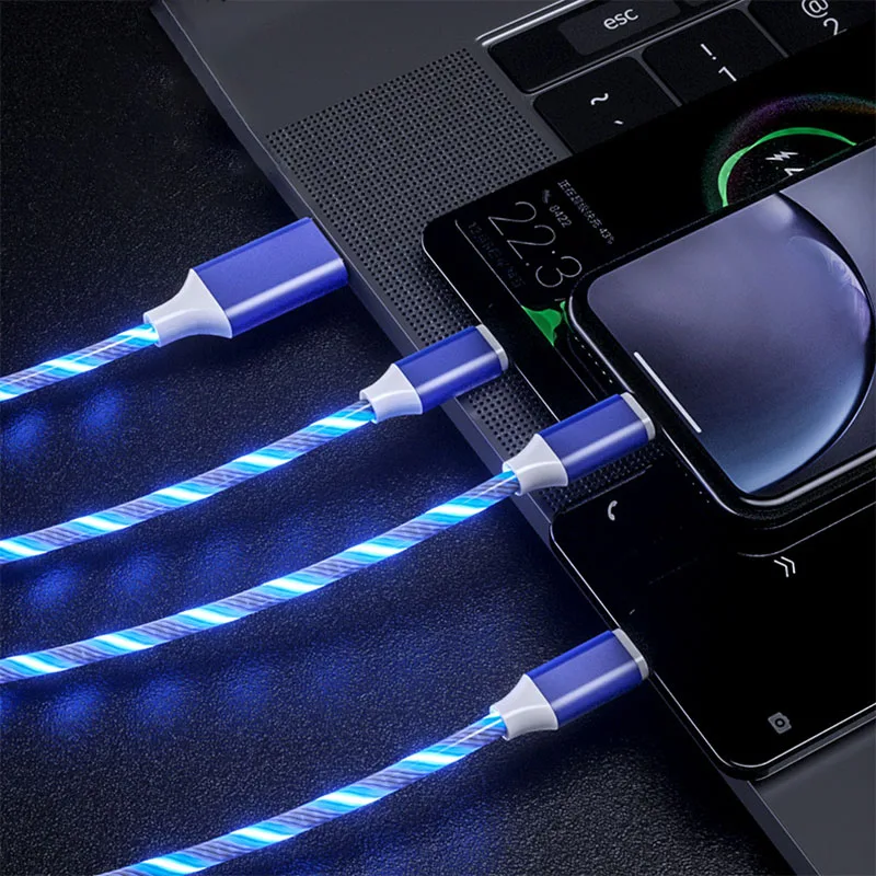3в1 светодиодный светящийся струящийся кабель Micro USB type C для iPhone X, samsung, S9, зарядный кабель 2.4A, кабель USB C для быстрой зарядки телефона - Цвет: Blue