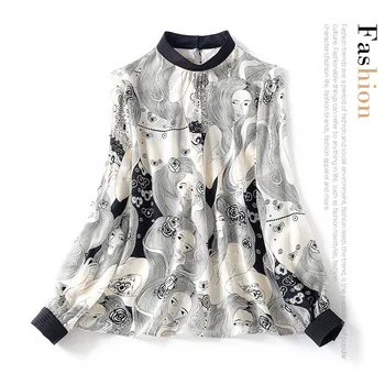 

New spring pressure plait collar art beauty like printed lantern sleeve loose women silk shirt
