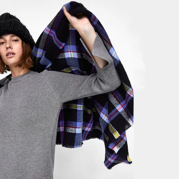 

New blue and Black Plaid cashmere-like shawl for export in autumn and winter of 2019 ZA warmth scarf with the same thickness