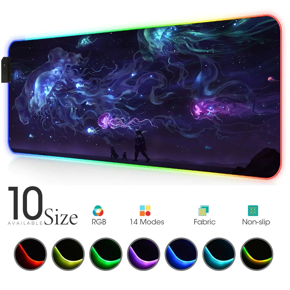 

ocean jellyfish Glow RGB Mouse Pad Black Gamer Accessories Large LED MousePad XL Gaming mouse for pc with Backlit Rubber mat