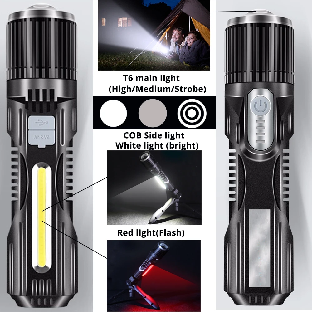 Skup Led ładowane na USB latarka wodoodporna latarka interfejs USB do ładowania telefonu Zoomable 5 tryby oświetlenia Super Bright