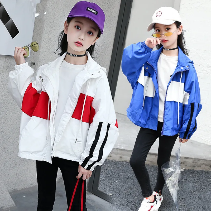 Girl'S Spring And Autumn Hooded Short Trench Coat Children Big Boy Young STUDENT'S Loose Version of Casual Windproof Coat