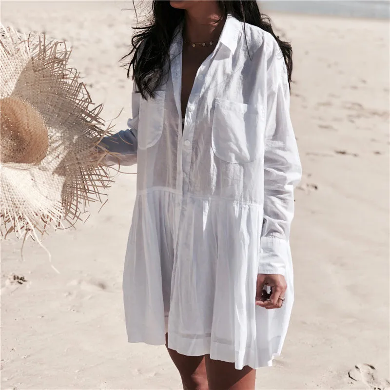 Women Summer Ruffle Mini Dress Bikini Cover Ups Sexy V-neck Button Irregular Pleated Shirt Dress Party Beach Vestidos Mujer