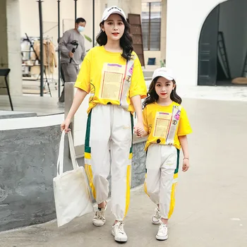 

Summer Family Matching Clothes Fashion Yellow Tops T Shirt + Patchwork Pants Suit Mom Daughter Children Girls Family Outfits Set