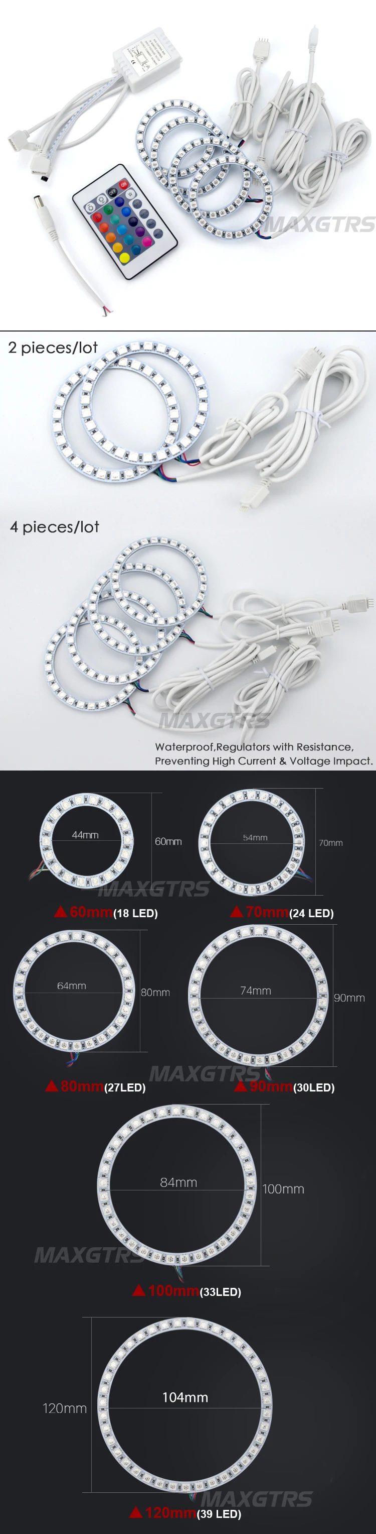 2x многоцветные Кольца 60 мм 70 мм 80 мм 90 мм 100 мм 120 мм Angel Eyes 5050 RGB Halo, светодиодная лампа, вспышка для автомобильных фар DRL с ИК-управлением