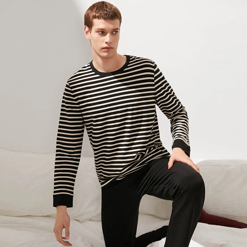 Men Pajamas Set Новинка, зимняя Пижама для пары, тонкая, в черно-белую полоску, хлопок, Женский пижамный комплект, длинный рукав, одежда для сна, 2 предмета, домашняя одежда - Цвет: Men Pajamas Set