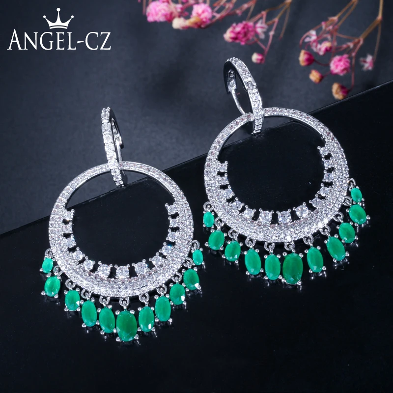 Женские серьги-кольца ANGELCZ вечерние серьги в стиле бохо с Зелеными камнями