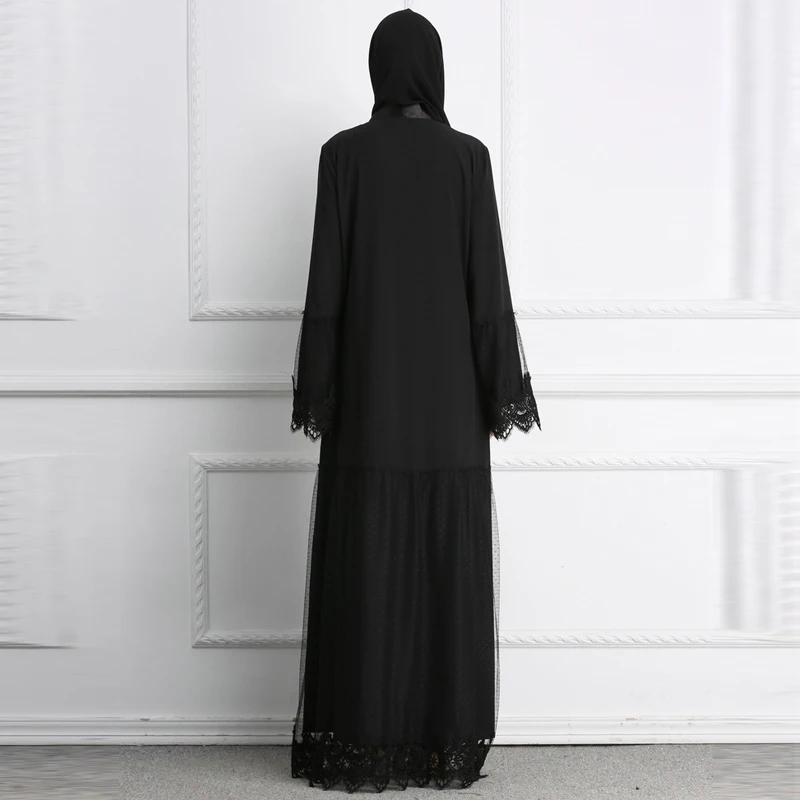 

Islamic Women Kaftan Lace Mesh Patchwork Black Cardigan Muslim Abaya Dubai Turkish Robes Arab Clothing Kimono long Dress