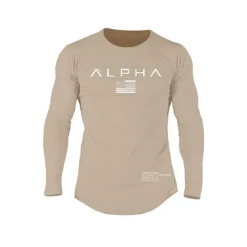 

New Men Long Sleeves Cotton T-shirt Letter Print Raglan Sleeve T-Shirts Fashion Slim Fit elasticity male Fitness Brand Clothing