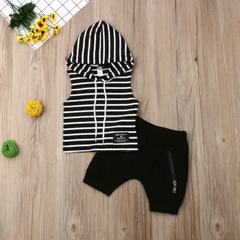 

2PCS Infant Baby Boys Kids Hooddle Sleeveless Stripes Tops T-shirt Short Pants Outfits Set Clothes