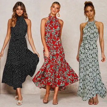 

2020 Spring and Summer New Cross-Border Women's Clothing AliExpress Sleeveless Long Pleated Floral Print Dress Dress