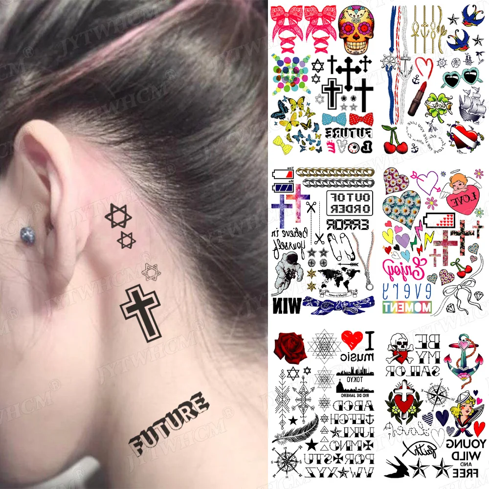 Tatouage Croix Derrière L Oreille Autocollants de tatouage temporaire pour femmes, texte croisé, autocollant  imperméable, transfert Flores, corps derrière les oreilles, pieds |  AliExpress